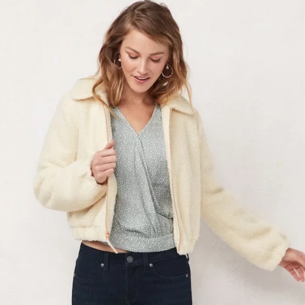 LC Lauren Conrad Zip Front Sherpa Jacket Size: Large